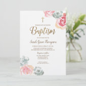 Invitation Boho Aquarelle fleurs rose bébé Baptême (Debout devant)