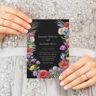Invitation Boho Aquarelle Fleurs sauvages Mariage noir