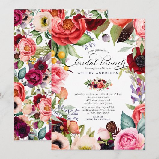 Invitation Boho aquarelle floral brunch de mariage (Devant / Derrière)