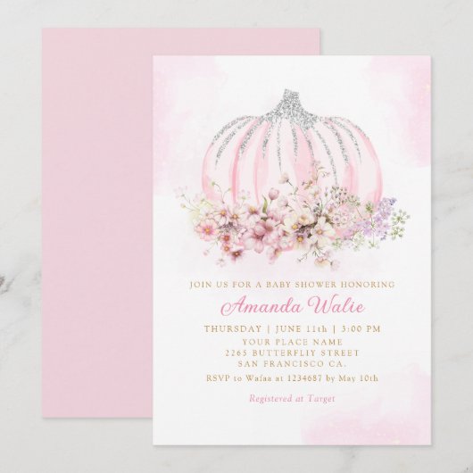 Invitation Boho Aquarelle Floral Citrouille Baby shower fille (Devant / Derrière)
