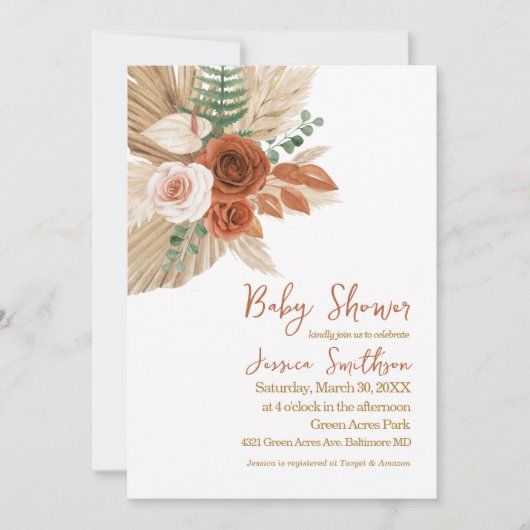 Invitation Boho Aquarelle Floral Pampas Baby shower en herbe (Devant)