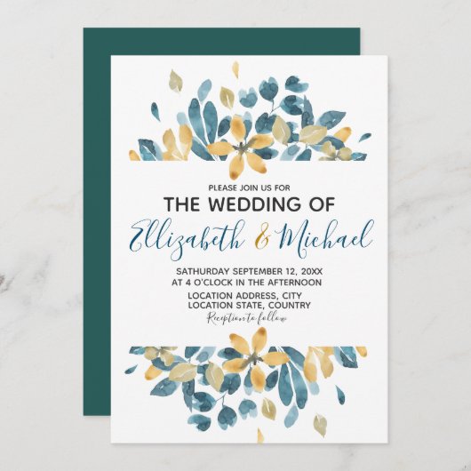 Invitation Boho Aquarelle Floral Turquoise Jaune mariage (Devant / Derrière)