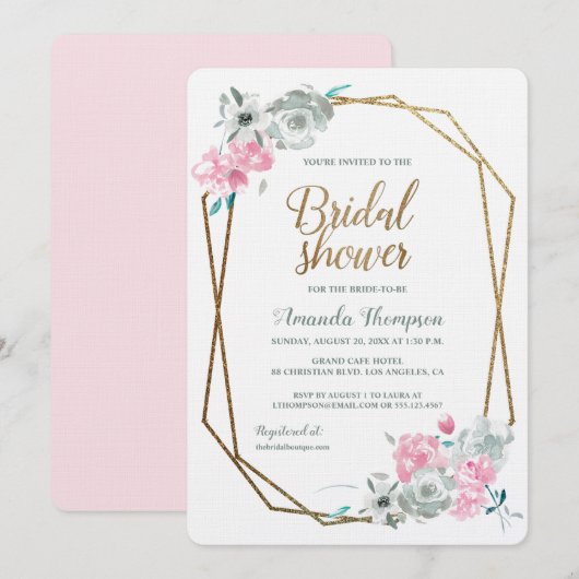 Invitation Boho Aquarelle Florale douche nuptiale Pink Gold (Devant / Derrière)