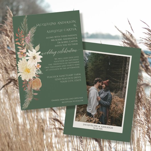 Invitation BOHO Aquarelle Florale Pampas Grass Forest Green