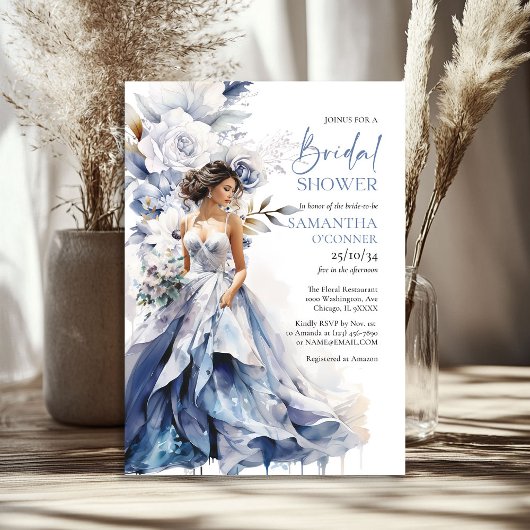 Invitation Boho aquarelle marine et robe de mariée de fleurs 