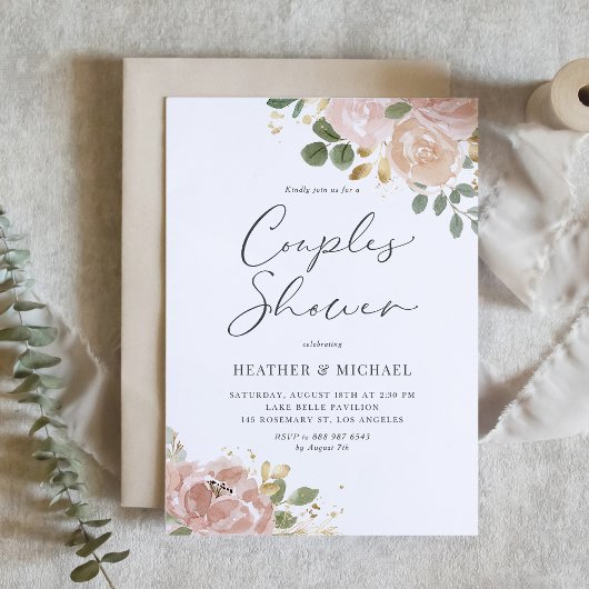 Invitation Boho Aquarelle Mauve Peach Fleurs Couples Douche