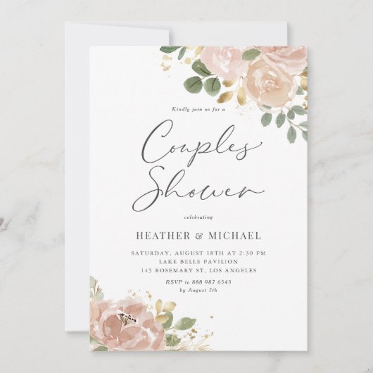 Invitation Boho Aquarelle Mauve Peach Fleurs Couples Douche (Devant)