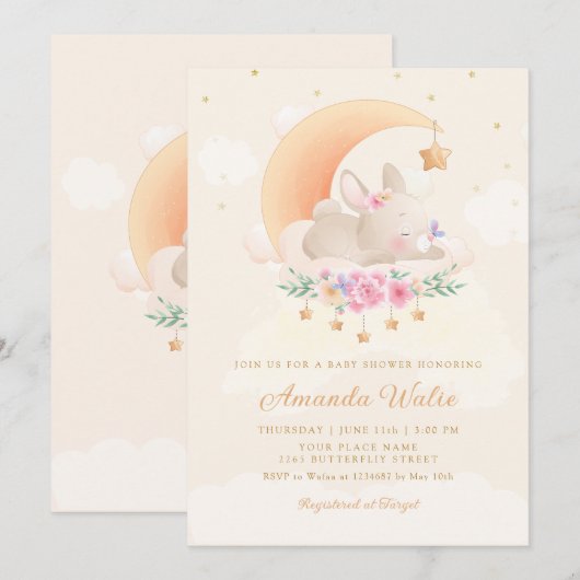 Invitation Boho Aquarelle moderne Jote Bunny Girl Baby shower (Devant / Derrière)