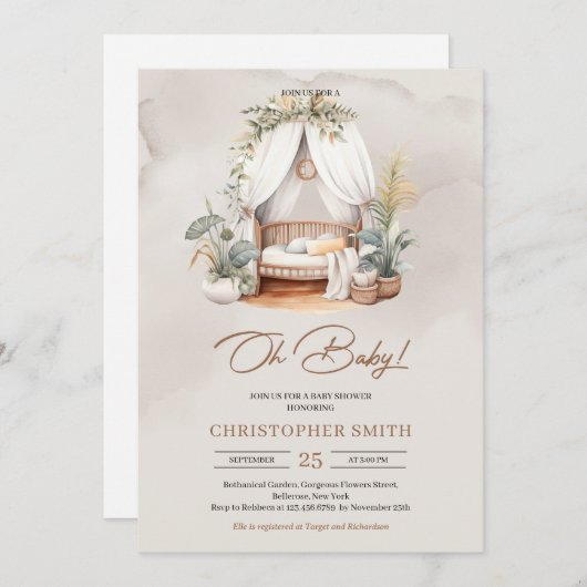 Invitation Boho aquarelle neutre bébé noix tropicale (Devant / Derrière)