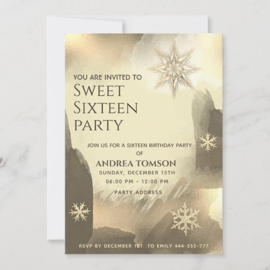 Invitation Boho aquarelle Or flocons de neige Sweet 16 partie (Devant)