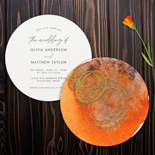 Invitation Boho Aquarelle Or Orange Simple Mariage unique