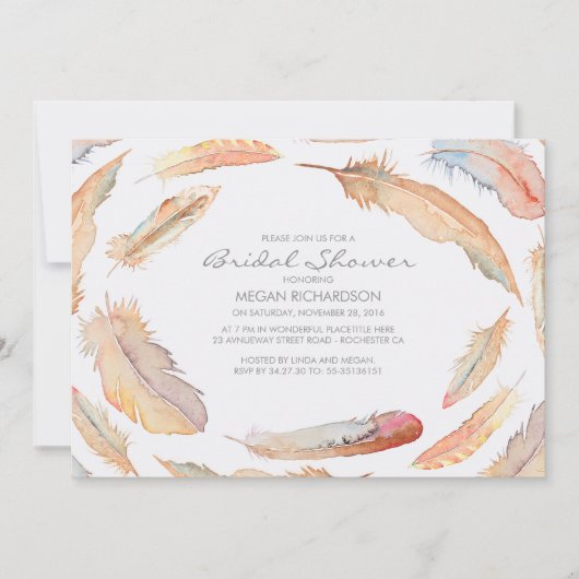 Invitation boho aquarelle plumes tribales douche nuptiale (Devant)