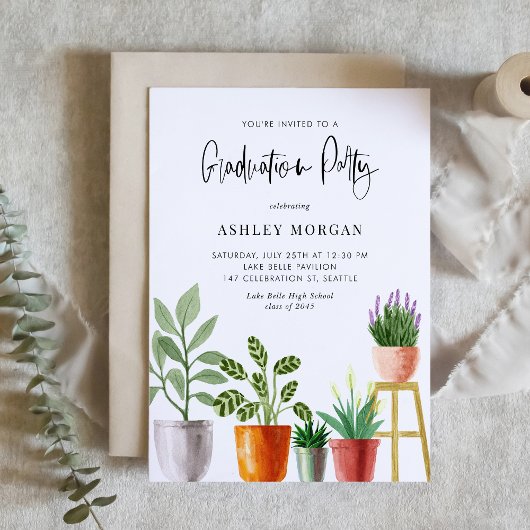 Invitation Boho Aquarelle Poted Houseplants Graduation