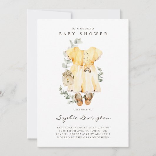Invitation Boho Aquarelle robe bébé Baby shower Eucalyptus (Devant)