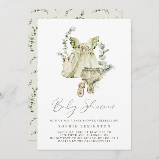 Invitation Boho Aquarelle Robe verte Baby shower de verdure (Devant / Derrière)