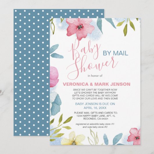 Invitation Boho Aquarelle rose Baby shower Floral Par Courrie (Devant / Derrière)
