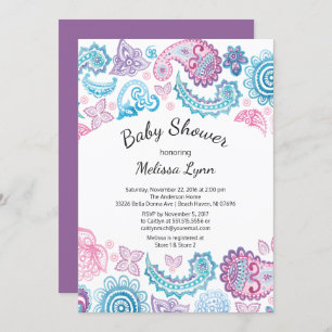 Invitation Boho Aquarelle rose bleu Baby shower Paisley