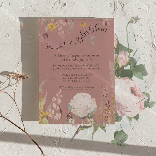 Invitation BOHO Aquarelle rose Dusty Bébé papillon floral