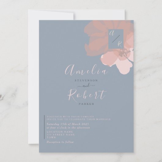Invitation Boho Aquarelle rose Dusty Mariage bleu (Devant)