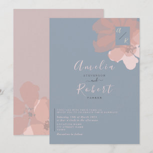 Invitation Boho Aquarelle rose Dusty Mariage bleu