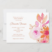 Invitation Boho Aquarelle rose Orange Baby shower Fleurs (Devant)