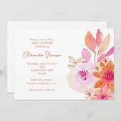 Invitation Boho Aquarelle rose Orange Baby shower Fleurs (Devant / Derrière)