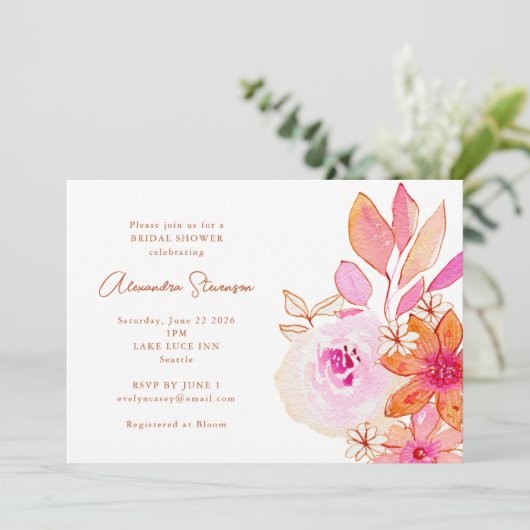 Invitation Boho Aquarelle rose Orange Fête des mariées (Debout devant)