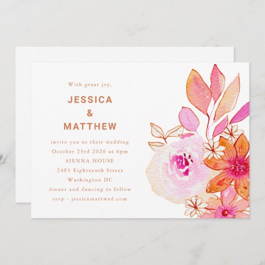 Invitation Boho Aquarelle rose Orange Fleurs Mariage chic (Devant / Derrière)