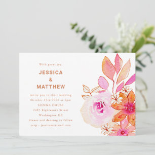 Invitation Boho Aquarelle rose Orange Fleurs Mariage chic
