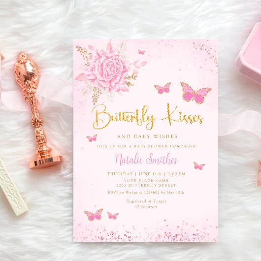 Invitation Boho Aquarelle rose papillon Baby shower fille