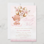 Invitation Boho Aquarelle rose Teddy ours Baby shower fille (Devant)