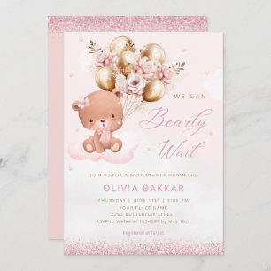 Invitation Boho Aquarelle rose Teddy ours Baby shower fille