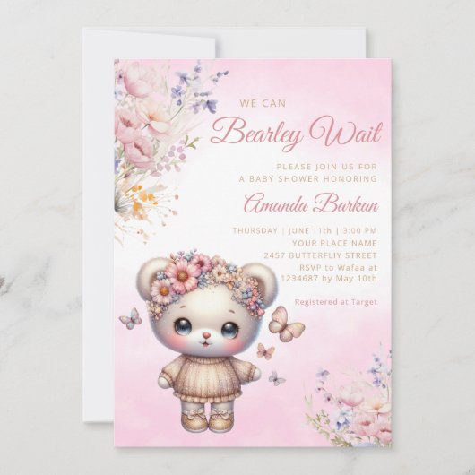 Invitation Boho Aquarelle rose Teddy Ours Baby shower fille (Devant)