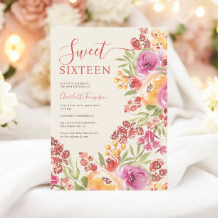 Invitation Boho Aquarelle rose Terracotta Floral Sweet 16