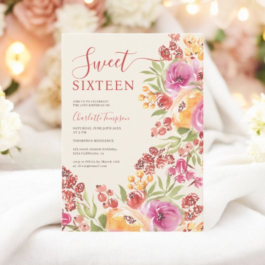 Invitation Boho Aquarelle rose Terracotta Floral Sweet 16