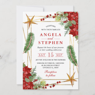 Invitation Boho Aquarelle Rouge Poinsettia Mariage d'hiver