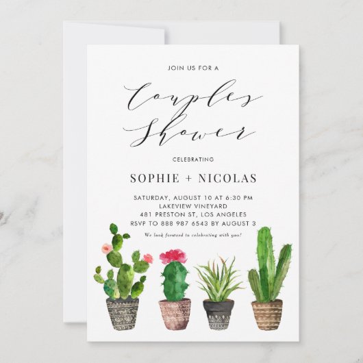 Invitation Boho Aquarelle Succulents Couples d'été Douche (Devant)