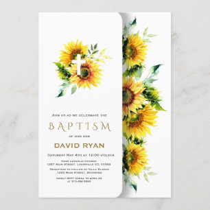 Invitation Boho Aquarelle Tournesols Croix Boy Baptême
