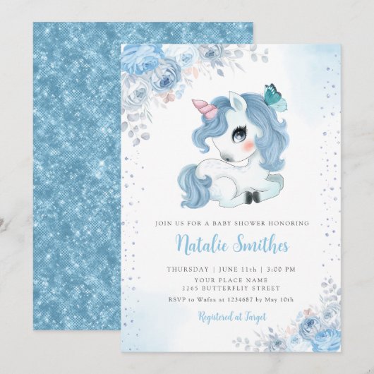 Invitation Boho Aquarelle Unicorne Floral Baby Girl Douche (Devant / Derrière)