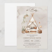 Invitation Boho aquarelle vert et brun bébé tente neutre (Devant / Derrière)