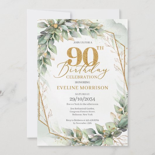 Invitation Boho aquarelle vert eucalyptus 90e anniversaire (Devant)
