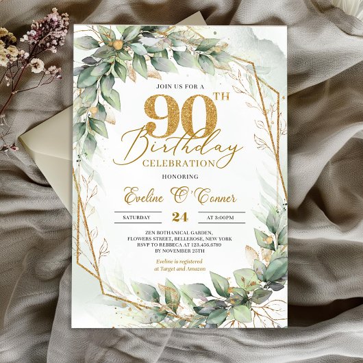 Invitation Boho aquarelle vert eucalyptus 90e anniversaire