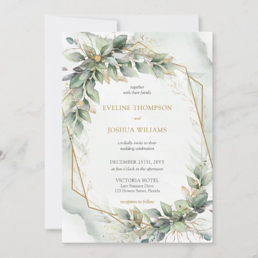 Invitation Boho Aquarelle vert eucalyptus et or mariage (Devant)