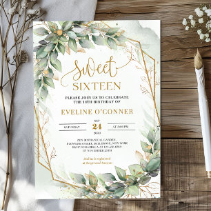 Invitation Boho aquarelle vert eucalyptus sweet sixteen