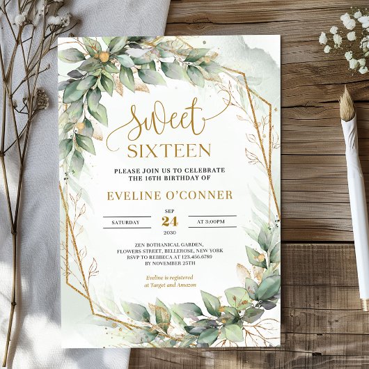 Invitation Boho aquarelle vert eucalyptus sweet sixteen