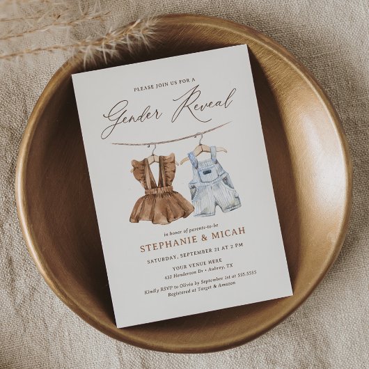 Invitation Boho Aquarelle Vêtements de bébé Révélation de gen