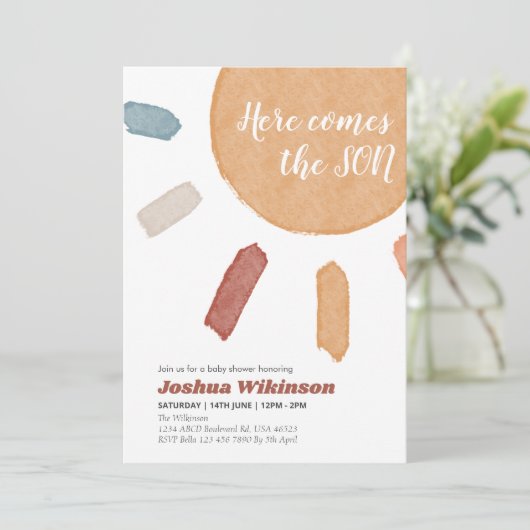 Invitation Boho aquarelle Voici le baby shower Son (Debout devant)