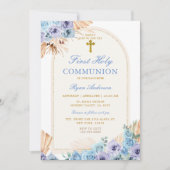 Invitation Boho Arc Bleu Floral Première Croix de la Sainte C (Devant)