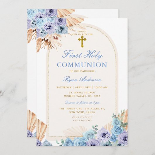 Invitation Boho Arc Bleu Floral Première Croix de la Sainte C (Devant / Derrière)