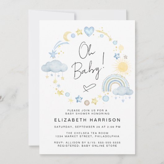 Invitation Boho Arc-en-ciel Aquarelle bébé garçon douche (Devant)